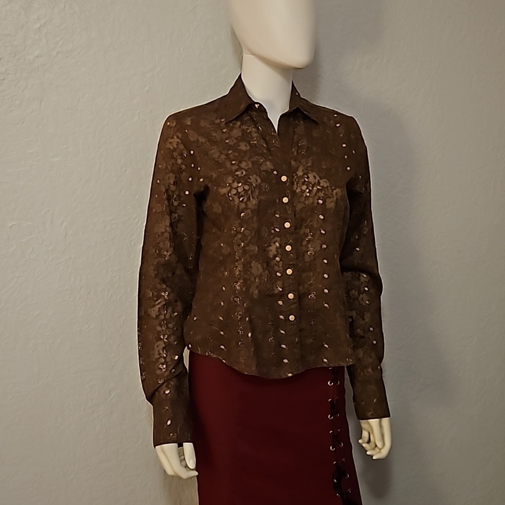 CRUEL GIRL Brownk Sheer Floral Eyelet Long Sleeve Snap Button Western Shirt - Picture 2 of 8